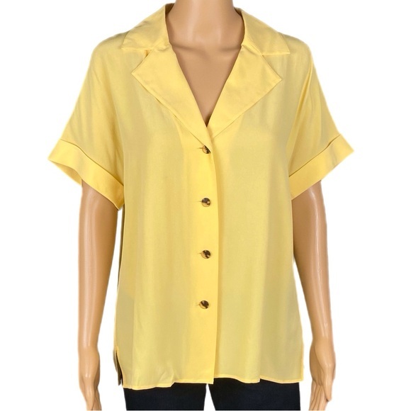 LAFAYETTE 148 100% Silk button down collared short sleeve blouse Medium EUC - Picture 1 of 13